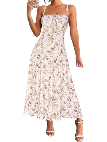 Image of YATHON Women's Summer Midi Corset Boho Dresses Spring Casual Floral Spaghetti Straps Lace Up Dress Flowy Aline Beach Sundress