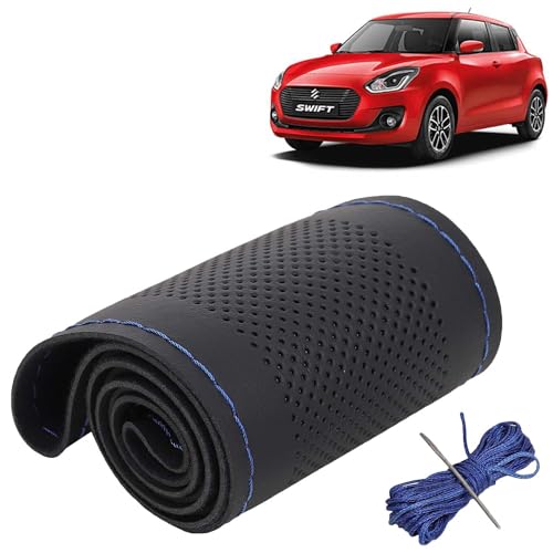 Image of KINGSWAY PU Leatherite Car Steering Cover Sewable Compatible with Maruti Suzuki Swift (Year 2018-2020), Black Color with Blue Thread, Pack of 1 with Sewing Needle and Thread
