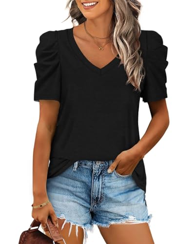 Listado de Ropa Blusas Top 10. 45 VIOPY Camisetas de Verano para Mujer Camisetas Informales con Cuello en V y Mangas Abullonadas Blusas para Mujer de Color Liso Negro L
