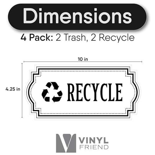 Image of Recycle and Trash Stickers for Garbage Cans - Black Premium Clear Vinyl Recycling Bin Labels - Large 4 Pack - 10 inch by 4.25 inch Decals Logo - Waste Signs for Home Kitchen or Office Bins Indoor /Outdoor Use
