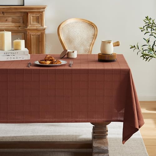 ZeeMart Linen Checked Table Cloth, Farmhouse Style Plaid Embroidered Rust Tablecloth, Water Resistant Square Table Cloth, Terracota 60x60 Inches