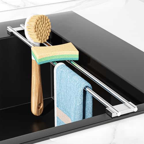 Spültuchhalter für Küchen Verstellbares Spüllappenhalter Über Der Spüle Metall Spülbecken Organizer Lappenhalter Spülbecken Trocknungsgestell für Geschirrtücher Schwämme Bürsten (1 Silber)