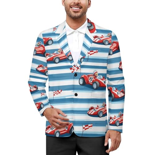Red Race Car with Checkered Flags Men's Slim Suit Long-Sleeve Prom Tuxedo Classic Two Button Business Jacket
