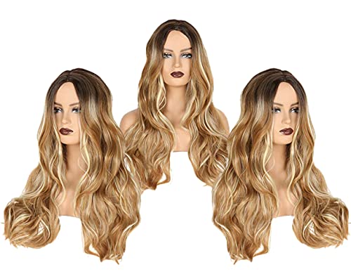 Yiwan Long Straight Highlights Wig 22 Inch Synthetic Wigs for Women Middle Part Blonde Highlights Hair Wigs Natural Looking Heat Resistant Fiber Daily Cosplay Party (22, 33/613)