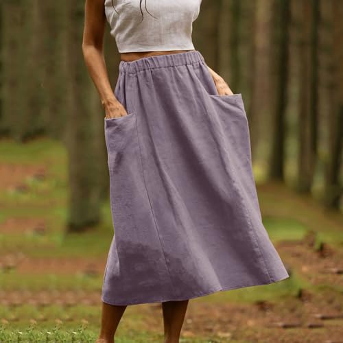 Women's Linen Midi Skirt Summer Cotton Pleated Flowy Elastic High Waisted Skirts Casual Loose Skirt with Pockets2