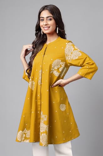 Image of Janasya Women's Pure Cotton Floral Printed Flared Tunic