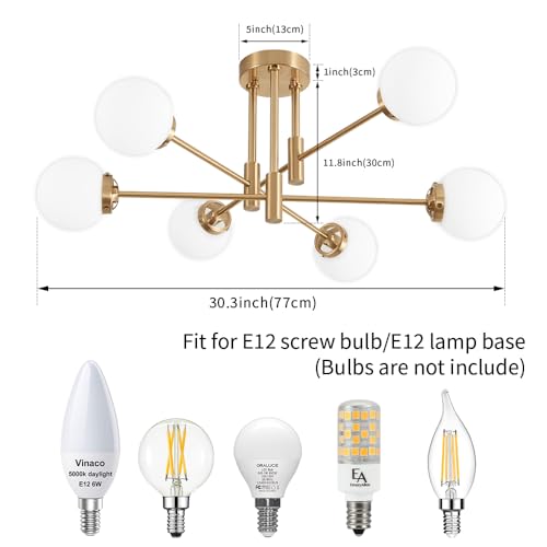 Image of Gold Sputnik Ceiling Light Fixture 6 Light with Milk White Glass Shade