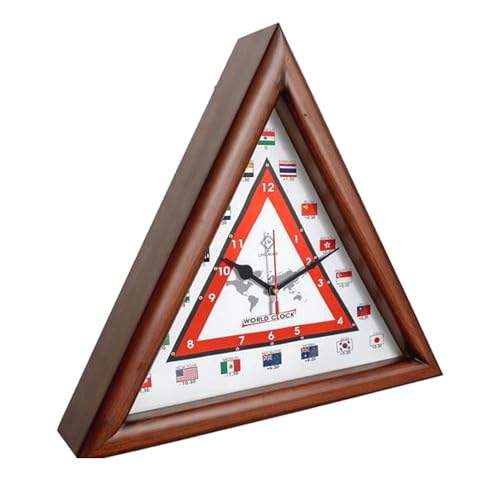 Image of LINE Wood - Antique Wooden Wall Clock - Triangular Shape Multi-Country World Clock with Time Zones Vintage Style for Home, Office, Bedroom, Hall, Living Room, Farmhouse Decor (16 INCH)