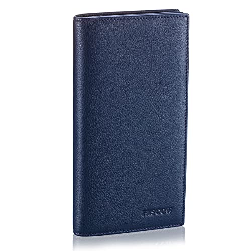 Image of HISCOW Full Grain Leather Men's Long Wallet, 15 Card Slots, Pebbled Blue, 6.97 inchH x 3.5 inchW x 0.98 inchD, Classic | Gusseted bill compartment, tall bifold design, clear ID window, ideal for coat pockets or briefcases, turned-edge, gift box