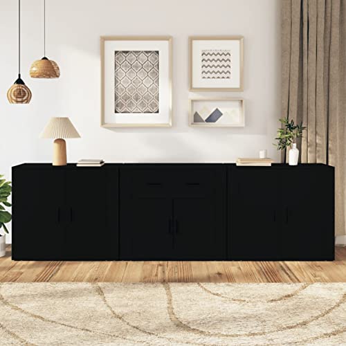 Mengtu Aparador de 3 piezas negras de madera contrachapada, aparador armario, armario de suelo para baño, muebles de oficina, mueble de almacenamiento, estantes para ahorrar espacio, armario de