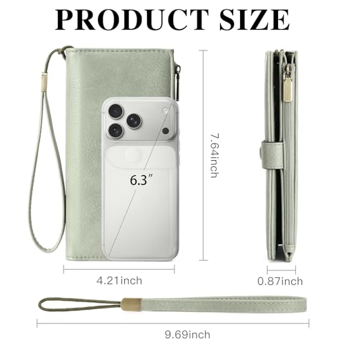Image of GOIACII Womens Wallets Large Capacity Credit Card Holder RFID Blocking Leather Wallet Wristlet Ladies Clutch Purse Green