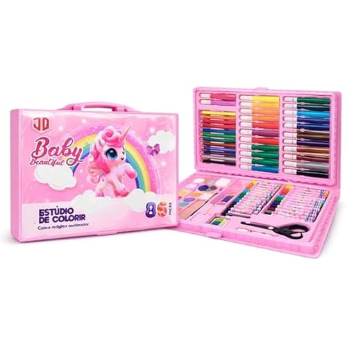 Estojo Maleta Escolar Unicórnio Rosa com Kit Estojo 86 Peças Infantil