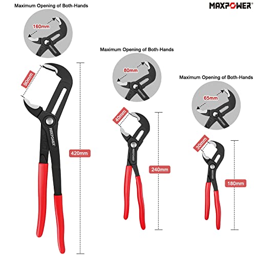 MAXPOWER 3-Piece Groove Joint Pliers Set (415mm, 240mm, 175mm), Quick-Adjustable Water Pump Pliers，Cr-V V-Jaw Tongue and Groove Pliers for Home Repair & Plumbing