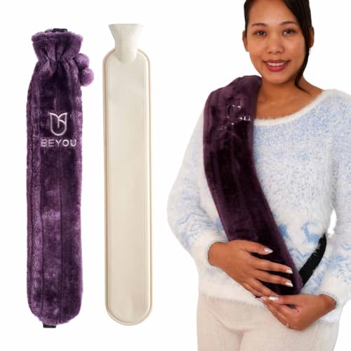 BeYou Long Hot Water Bottle - Secure Buckle for Hands-Free Wear, 2L Extra Long (72cm), Super Soft Luxury Cover, Latex-Free, for Back Pain, Neck Pain, Period Pain & Shoulder Pain (Purple)