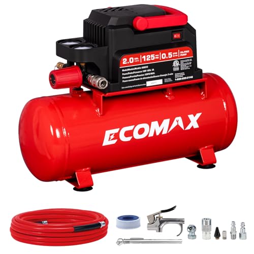 ECOMAX Air Compressor, 2 Gallon Portable Air Compressor 125 PSI Oil-Free Light Weight with 10 PCS Accessory Kit