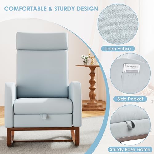 Image of Rocking Chair Nursery High Back Rest Glider Rocker with Footrest Nursing Rocking Chairs Upholstered Accent Arm Chair for Living Room Bedroom Indoor, Light Blue