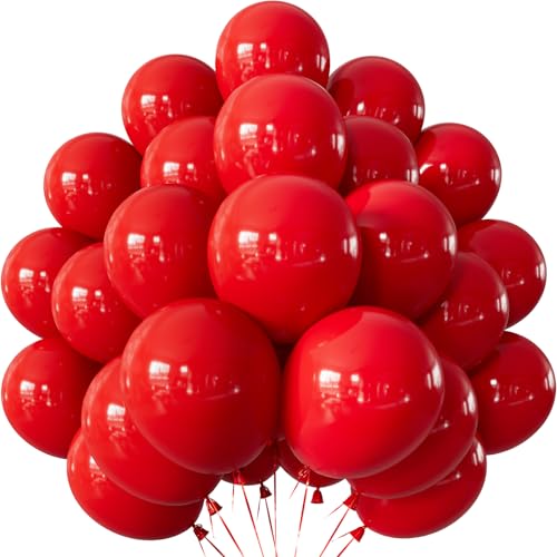 Adeyoo Red Balloons - 50 Pcs 12 Inch Red Latex Balloon with Ribbons Strong Thicken Party Balloon for Valentines Day Anniversary Birthday Wedding Engagement Party Decorations