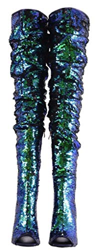 Camssoo Women's Sparkle Sequins Over The Knee Boots Fashion Sexy High Heels Thigh High Boots Open Toe Party Dance Stiletto Knee High Boots Blue Size Us 9.5 Cn42 #TOP3