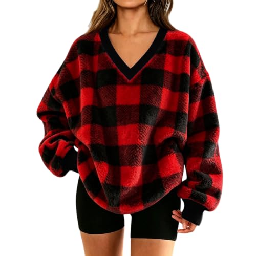 Red Sweatshirt for Women Flannel Plaid V Neck Oversized Pullover Tops - image 1