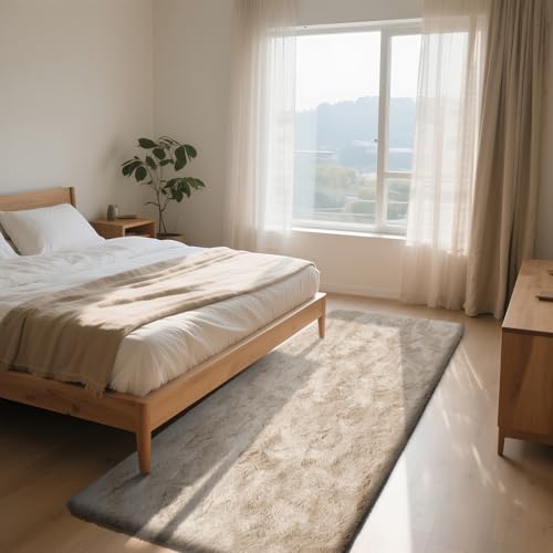 Soft Runner Rugs for Bedroom, Beige 3x7 Area Rugs Fluffy Rug Shaggy Area Rug Carpet, Bedside Rug for Living Room Bedroom Kids Room Home Decor