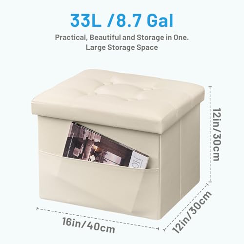 Image of Bsketa Storage Ottoman Bench,16 Inch Folding Leather Foot Rest Stool, Beige | Small Ottoman with Side Pockets, Thicker Foam Padded Seat, Livingroom, Dorm, Bedroom, Easy to install, 38L, 16x12x12in