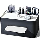 KINGFOM ティッシュケース 高級PUレザー製 ティッシュボックス 卓上収納ケース リモコン収納ボックス多機能収納ケース デスクトップ収納 小物収納 ペン立て 北欧風デザインおしゃれで実用的な卓上ティッシュボックス (ブラック×ホワイト)