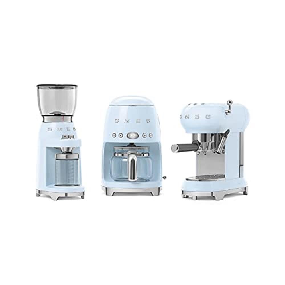 SMEG, Młynek do kawy CGF01PBEU, stożkowy mechanizm mielący ze stali nierdzewnej, 30 stopni mielenia, pojemnik na ziarna kawy 350 g, aluminiowa obudowa z odlewu ciśnieniowego, 150 W, niebieski