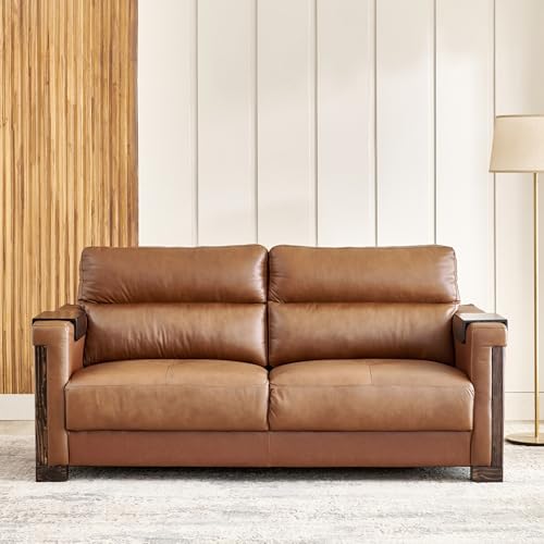 Image of Home Centre | Colmar Half Leather 3-Seater Sofa | Sofa for Living Room | Pine Wood, Solid Wood | Tan | 1 Year Warranty