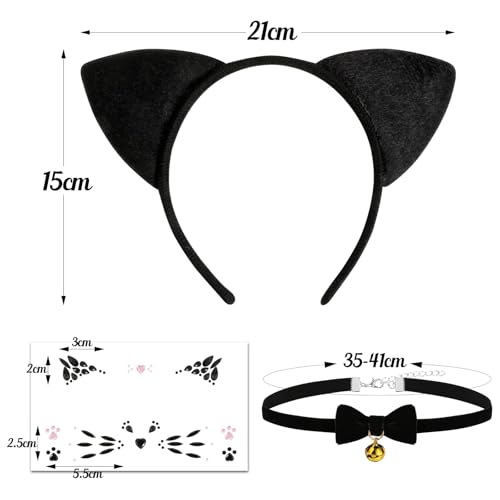 BOFUNX Katzen Kostüm Accessoires, Katzenohren Haarreif + Katzen Gesicht Sticker + Schleife Halsband für Karneval Damen Katzenkostüm