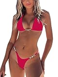 TASHEHE Damen Gerippter Triangel Tanga Bikini Set Micro Sexy Zweiteiliger Badeanzug Niedlich Badeanzug, reines rot, S