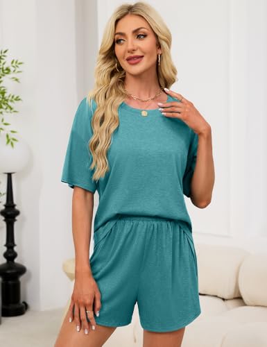 Image of JUSTFASHIONNOW Womens Pajama Sets Shorts Striped Print Two Piece Lounge Sets Crew Neck Sleepwear Split Shorts Set Soft Pjs