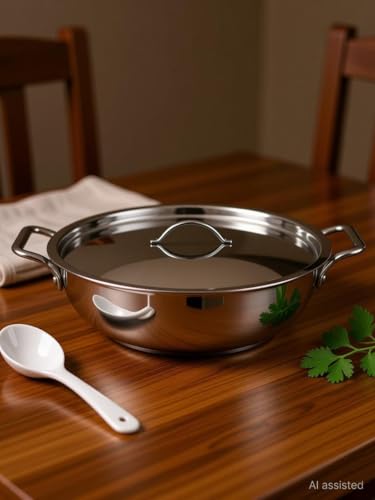 Image of Bhalaria Triply Stainless Steel Kadhai with Lid & Handle 34cm 5.5 Litre | Induction Base Heavy Gauge 3 Layer Body | Extra Large Deep Fry Pan for Sabzi & Curry | Gas Compatible | Dishwasher Safe