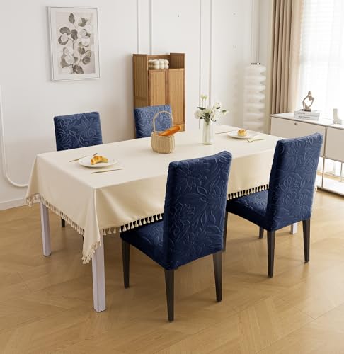 Image of House of Quirk Stretchy Universal Camellia Jacquard Waterproof Chair Cover Removable & Washable Short Dining Chair Cover Protector Seat Slipcover (Dark Blue,Pack of 1)