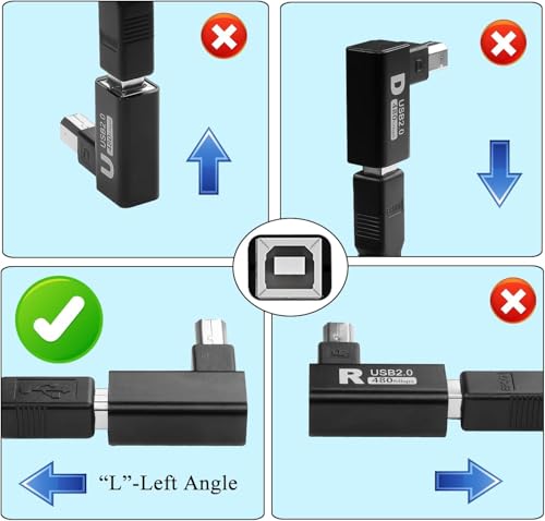 Image of ETZIN 90Angle USB B Male to B Female Adapter Extender USB2.0 Type B Left Angle Printer Connector MIDI Plug, Aluminium Hull, for Printer Scanner Electric Piano Mixer, (Left Bend) EPL-1580CC