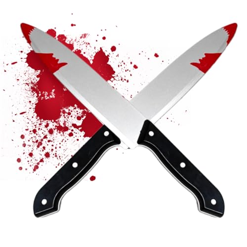 VOPIWOZ Halloween Messer mit Blut 2er Set, Fake Messer für Scream Kostüm, Horror Kostüm, Halloween Accessoires für Zombie, MöRder, SchläChter,...