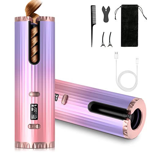 Automatic Cordless Curling Iron with 6 Temperature Setting & Timing Function USB Rechargeable with 5000mAh Battery Smart LCD & Induction Use at Home Travel Wedding Party Camping Dating