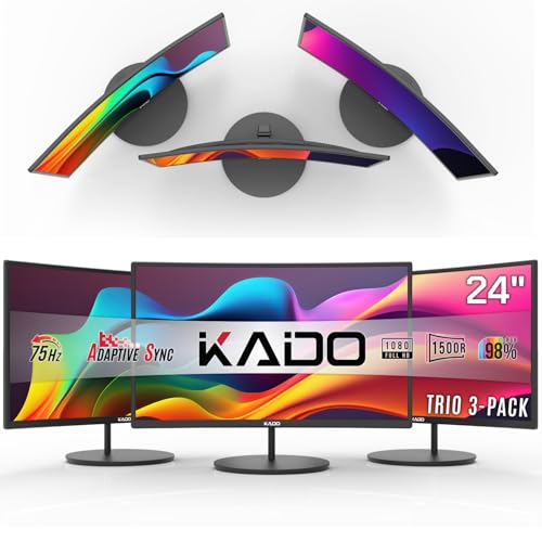 Image of Kado 3-Pack Trio 24 inch Curved 1500R 1920x1080 75Hz FHD Computer Monitor | Triple Monitor Setup HDMI Office Gaming Hybrid, VESA Wall Mount Arm Mount Built-in Speakers, Panoramic Display Multi-tasking