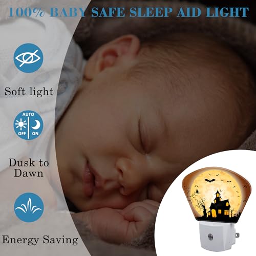 Image of Halloween Horror Castle Night Light for Kids Girls Boys, Halloween Full Moon LED Night Light Plug into Wall with Dusk to Dawn Sensor for Bedroom, Hallway, Kitchen, Bathroom, Stairs Decor
