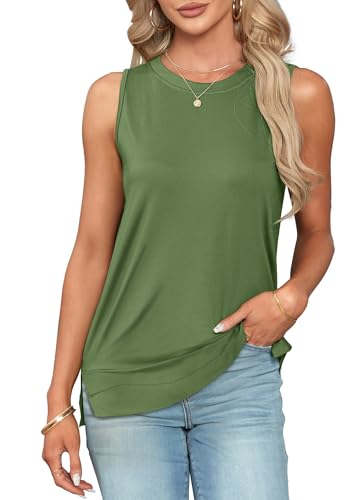 WNEEDU Womens Tank Tops Summer Sleeveless Tops for Ladies Long Camisole Casual Cami Crewneck Shirts Trendy 2025 Army Green 2XL
