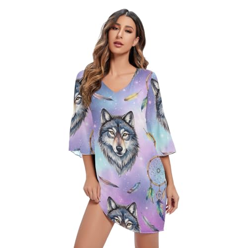 Robe courte de printemps casual Galaxy Wolf Dreamcatcher imprimée fluide avec manches