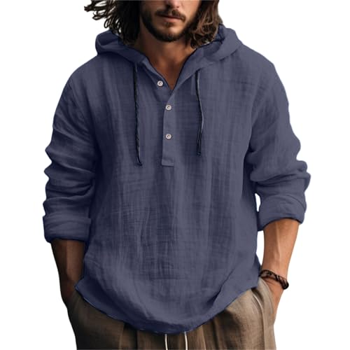 Linen Shirts for Men Lightweight Button Up Long Sleeve Shirts with Hood Loose Fit Breathable Boho Beach Linen Hoodie