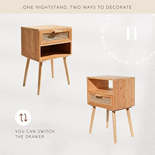 Hierti Mid Century Modern Nightstand - Pre-Assembled Eco-Friendly Bamboo And Rattan Bedside Table With Customizable Drawer And Shelf, Light Wood Color (11.81" D X 15.74" W X 23.81" H) #TOP7
