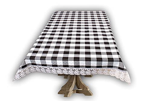 Image of The Furnishing Tree Waterproof PVC Rectangle Shaped 2 Seater Table Cover WxL 45x70 inches Gingham Pattern Black & White with White Border lace