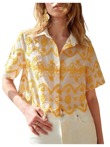 SweatyRocks Women's Short Sleeve Button Down Collared Blouses Boho Summer Embroidery Crop Top