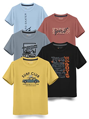 Image of HELLCAT Boys Round Neck Printed Blended Cotton Tshirt -Combo Pack of 2 - Orange /Blue