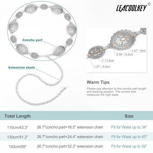 Image of LEACOOLKEY Women Turquoise Concho Chain Waist Belt Silver Western Cowgirl Metal Chain Belt for Dress Adjustable
