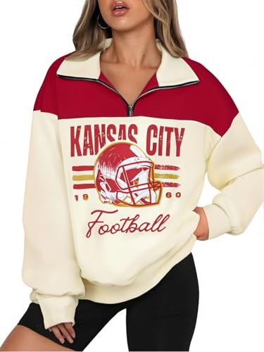 LUKYCILD Football Sweatshirts for Women Quarter Zip Pullover Football Season Game Day Shirts Casual Team Fans Tops