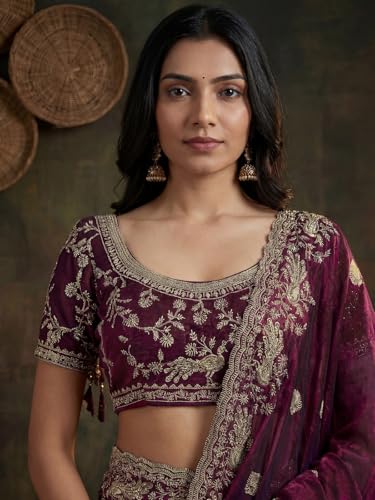 Image of SIRIL Women's Tissue Silk Scalloped Border Embroidery Saree with Unstitched Blouse Piece