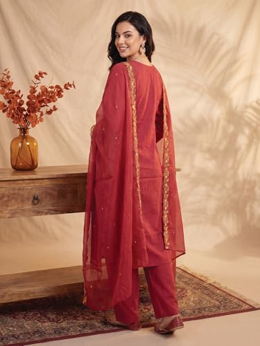 Image of INDO ERA Women's Silk Blend Floral Embroidered Thread Work Kurta & Pant with Dupatta Set