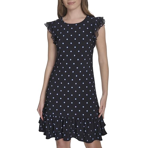 Image of Tommy Hilfiger Women's Sleeveless Crew Neck Double Ruffle Hem Jersey Shift Mini Dress